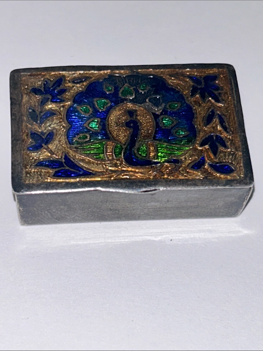 Miakari Work Enamel Peacock Rectangular Trinket Box - Blue & Green
